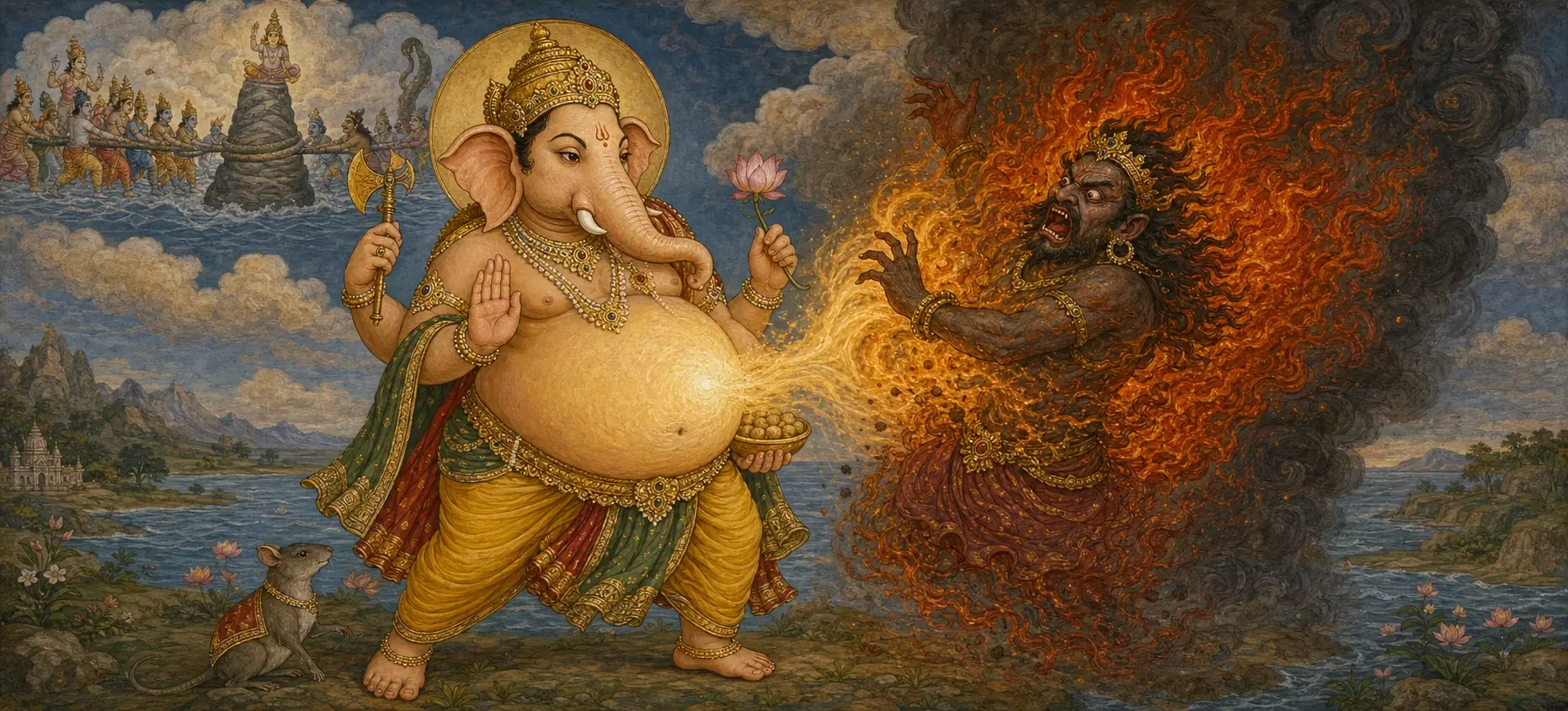 Lambodara, the pot-bellied Ganesh, releasing fire from his belly toward the flame-wreathed demon Krodhasura, with his mouse companion at his feet and a laddu bowl balanced on his stomach.