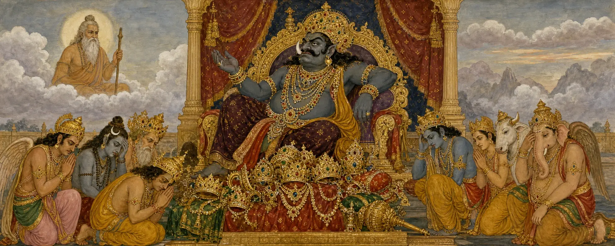 The demon king Madasura seated arrogantly on his throne with his foot resting on a pile of surrendered crowns, as Shiva, Ganesh, and other deities kneel before him in submission.