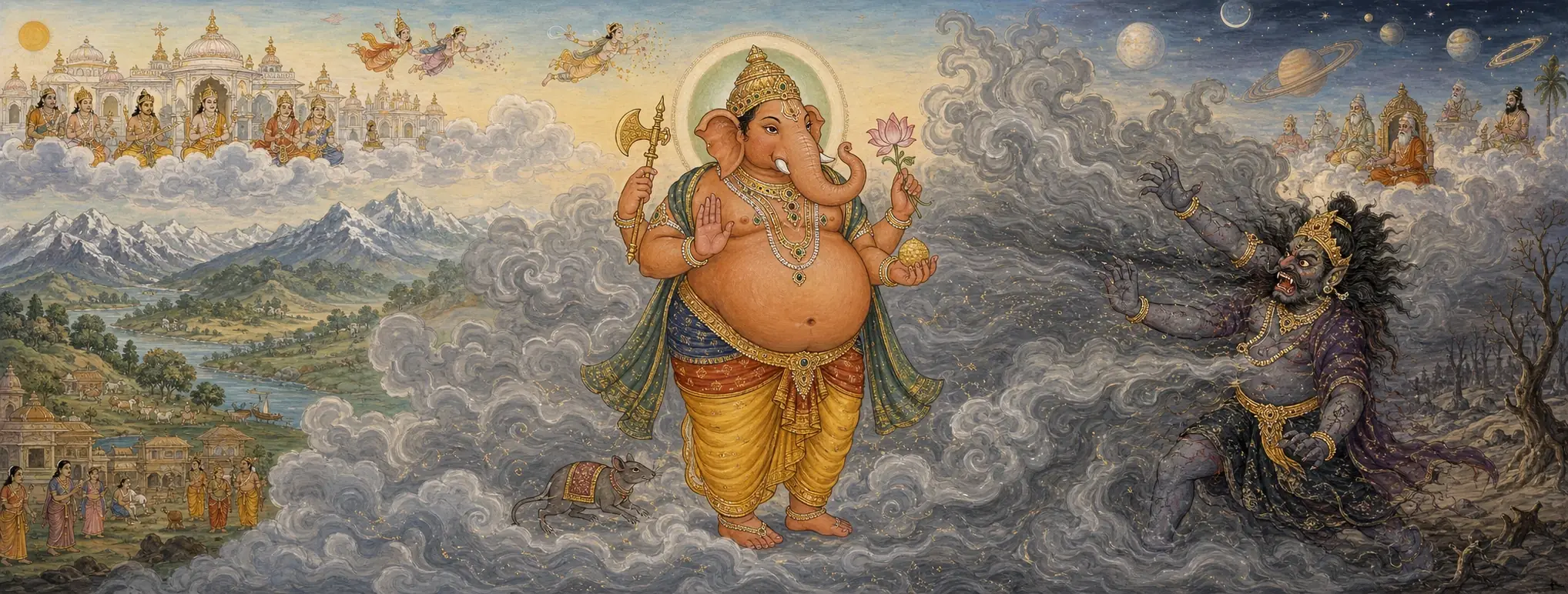 Mahodara, the large-bellied Ganesh, standing amid swirling clouds between a peaceful riverside village and the demon Mohasura recoiling among stars and planets, with gods watching from above.