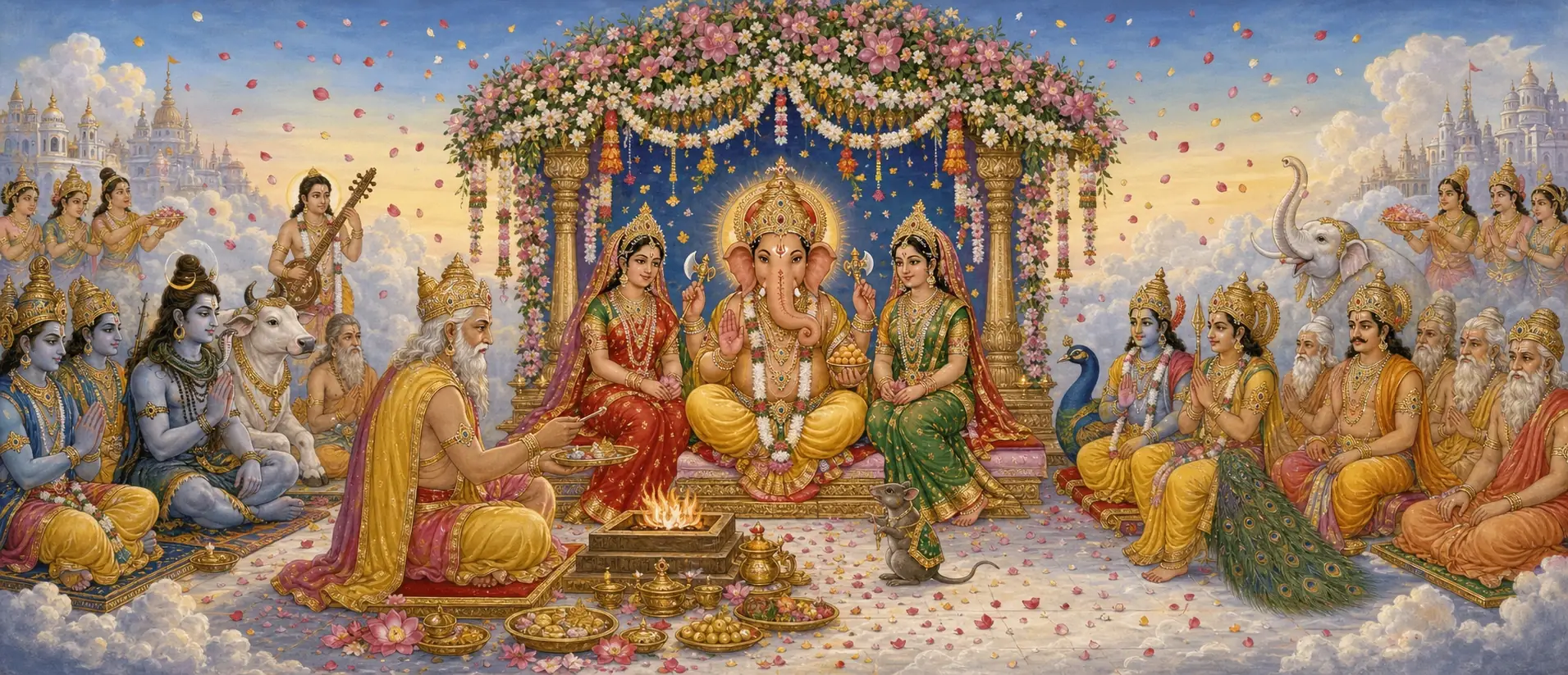 Ganesh seated between his brides Siddhi and Buddhi beneath a flower-canopied wedding pavilion, as a priest performs the fire ritual before Shiva, Nandi, and an assembly of gods.
