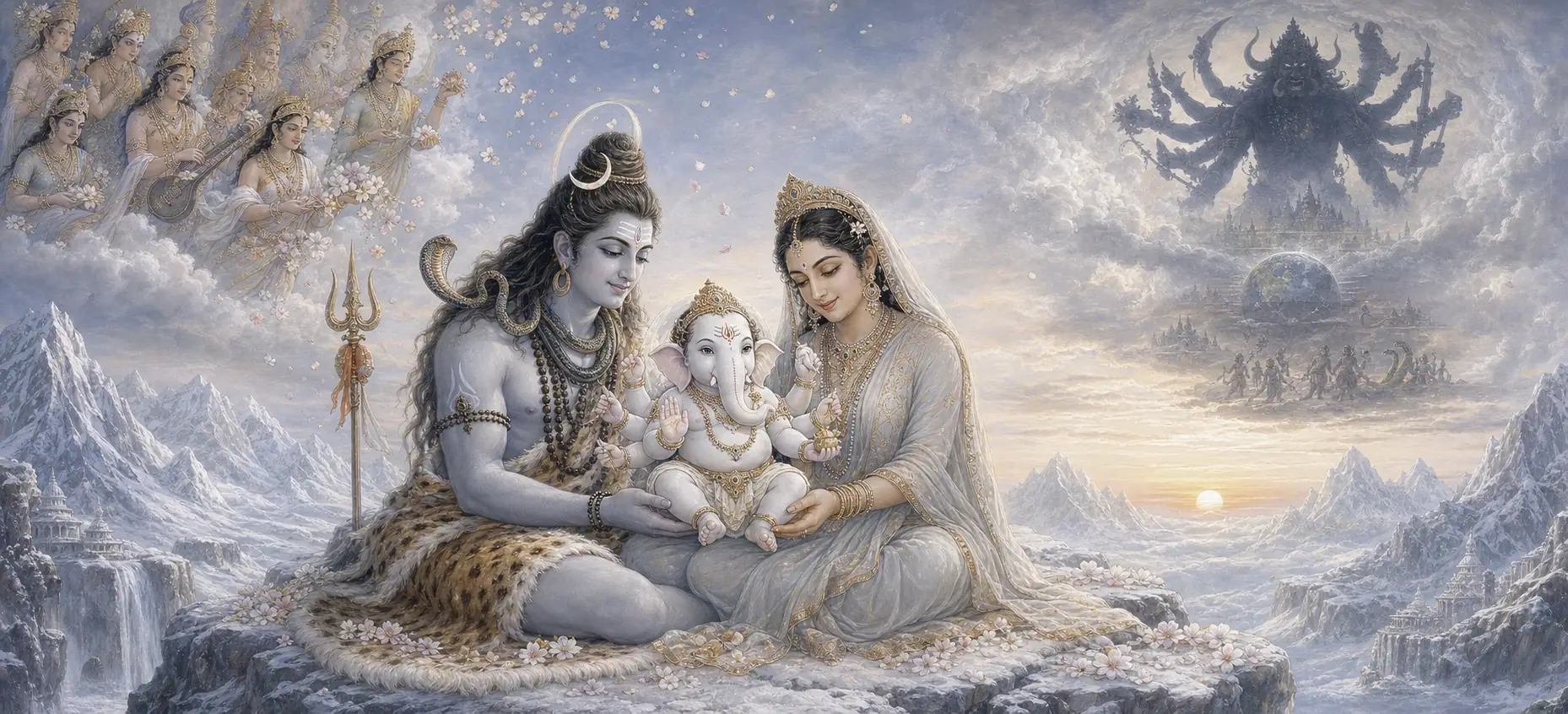 Shiva and Parvati tenderly holding their six-armed, white-skinned infant son Mayureshwar in the snowy Himalayas, as apsaras scatter flowers above and a shadowy demon looms over the earth in the distance.