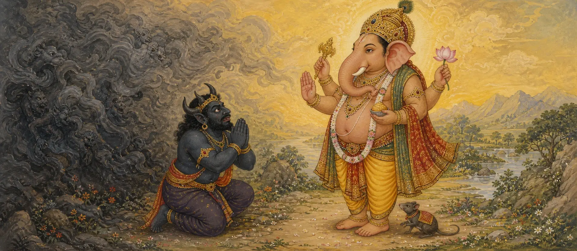 The horned demon Mohasura kneeling in surrender with folded hands before a calm, four-armed Ganesh holding a goad and lotus, his mouse companion waiting at his feet.