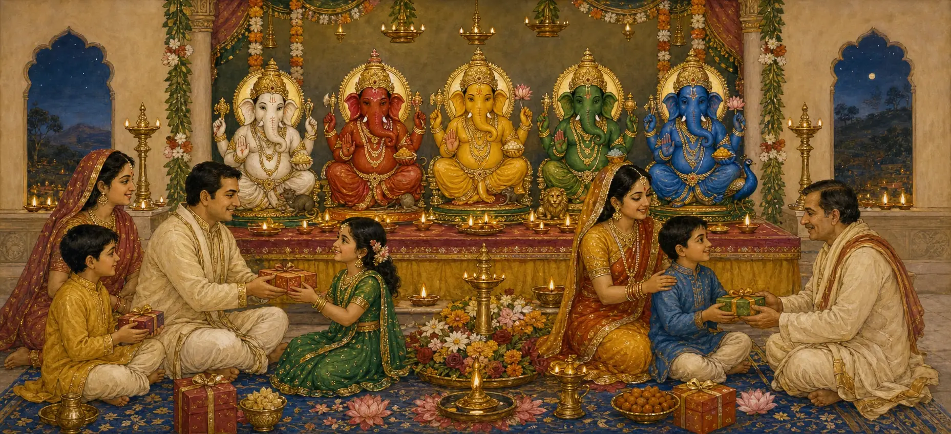 Five Ganesh murtis in white, red, yellow, green, and blue seated on a festival altar, as a family exchanges wrapped gifts and lights oil lamps before them.