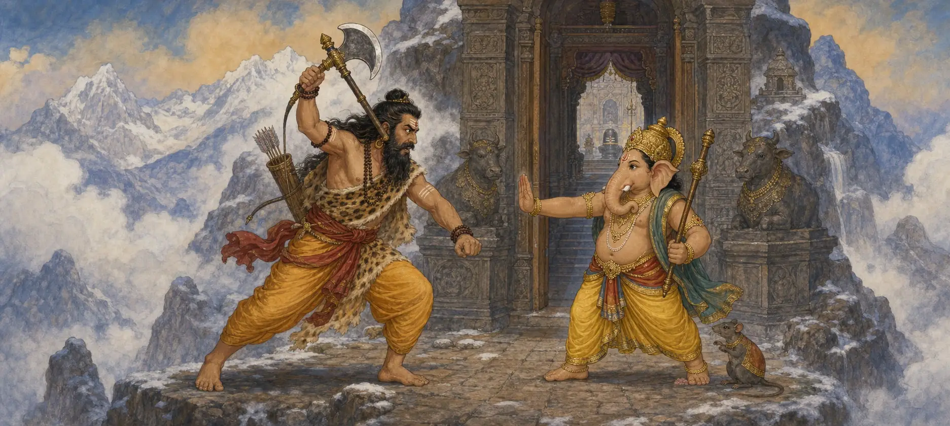 Parashurama swinging his axe at Ganesh, who raises a hand to block him at the gateway to Shiva's temple, flanked by stone Nandi statues with the Himalayas behind.
