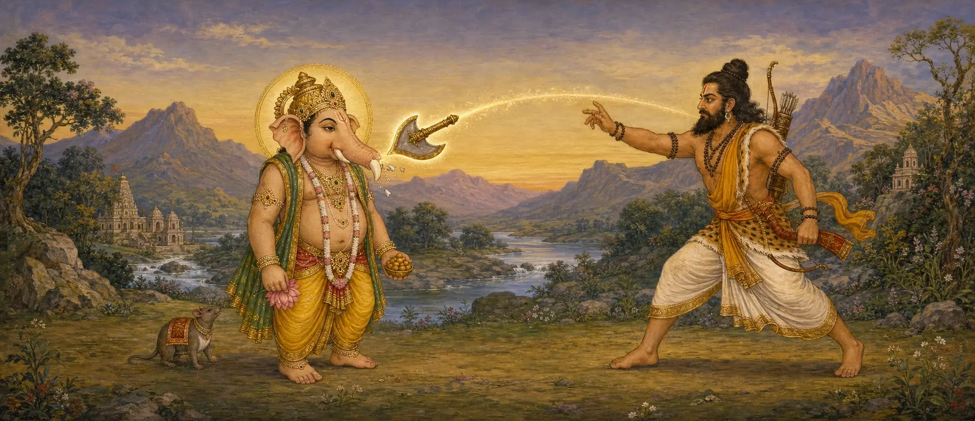 Ganesh standing calmly as Parashurama's thrown axe strikes and breaks his tusk, a fragment flying free, with his mouse companion at his feet by a quiet river.