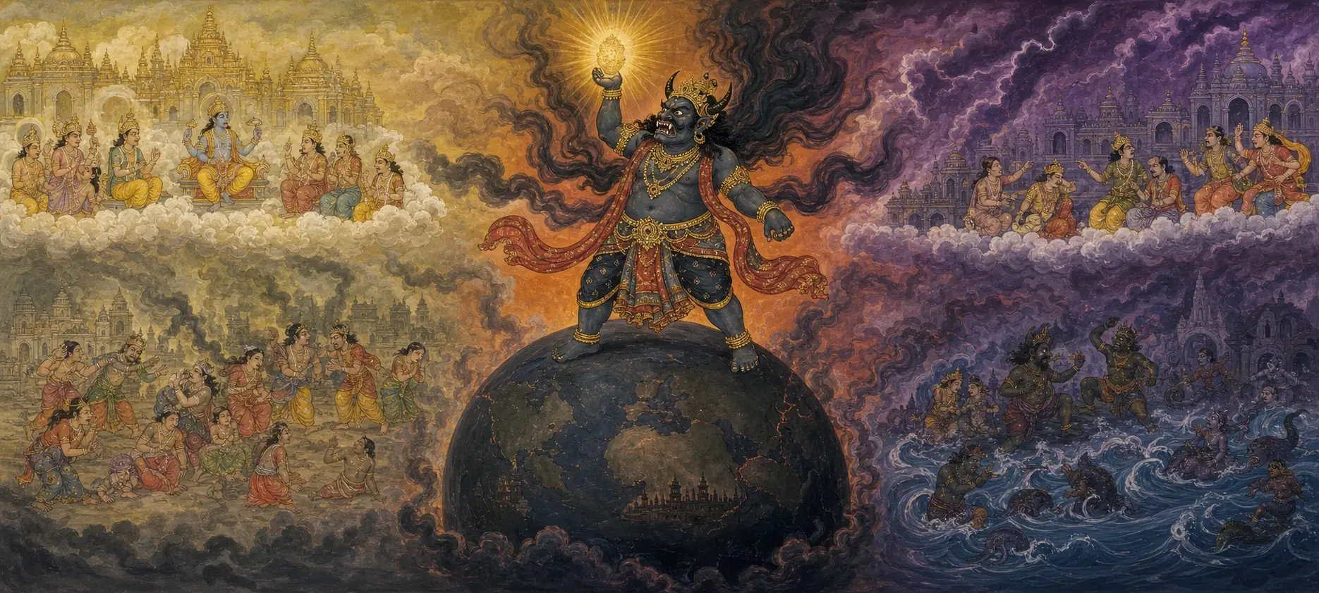 The demon Matsarasura standing triumphant atop the globe with a glowing sun held aloft, flanked by scenes of gods looking on helplessly above chaos and suffering below.