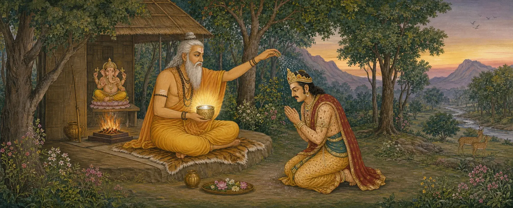 Sage Bhrigu sprinkling sacred water over the kneeling, leprosy-marked King Somakanta at his forest hermitage, with a small Ganesh murti enshrined beside the sacred fire.