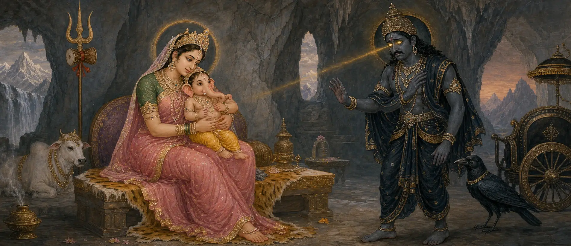 Parvati cradling young Ganesh in a mountain cave as Shani, eyes glowing with a golden beam of light, gazes toward them with a raised hand, a black crow and his chariot behind him.
