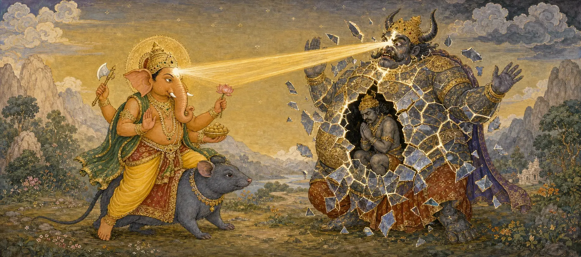 Ganesh, riding his mouse, releasing a beam of golden light that shatters Madasura's mirrored armor, revealing the humbled demon kneeling within.
