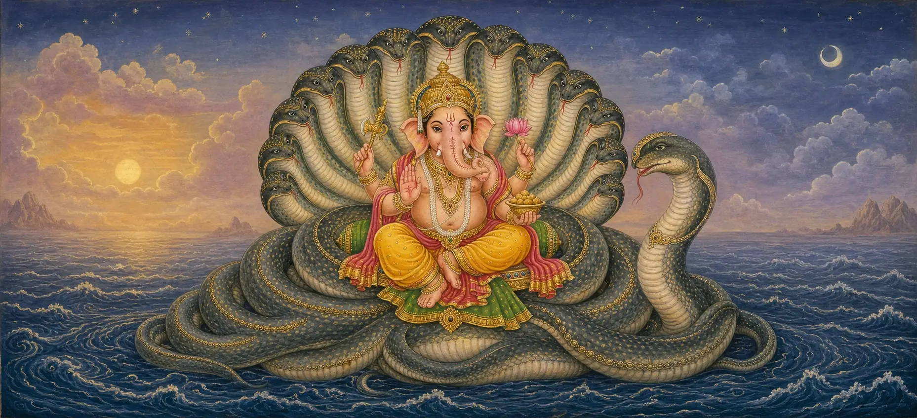 Ganesh seated in meditation atop the coils of Sheshanaga, the serpent's many hoods fanned like a canopy behind him over a moonlit ocean.