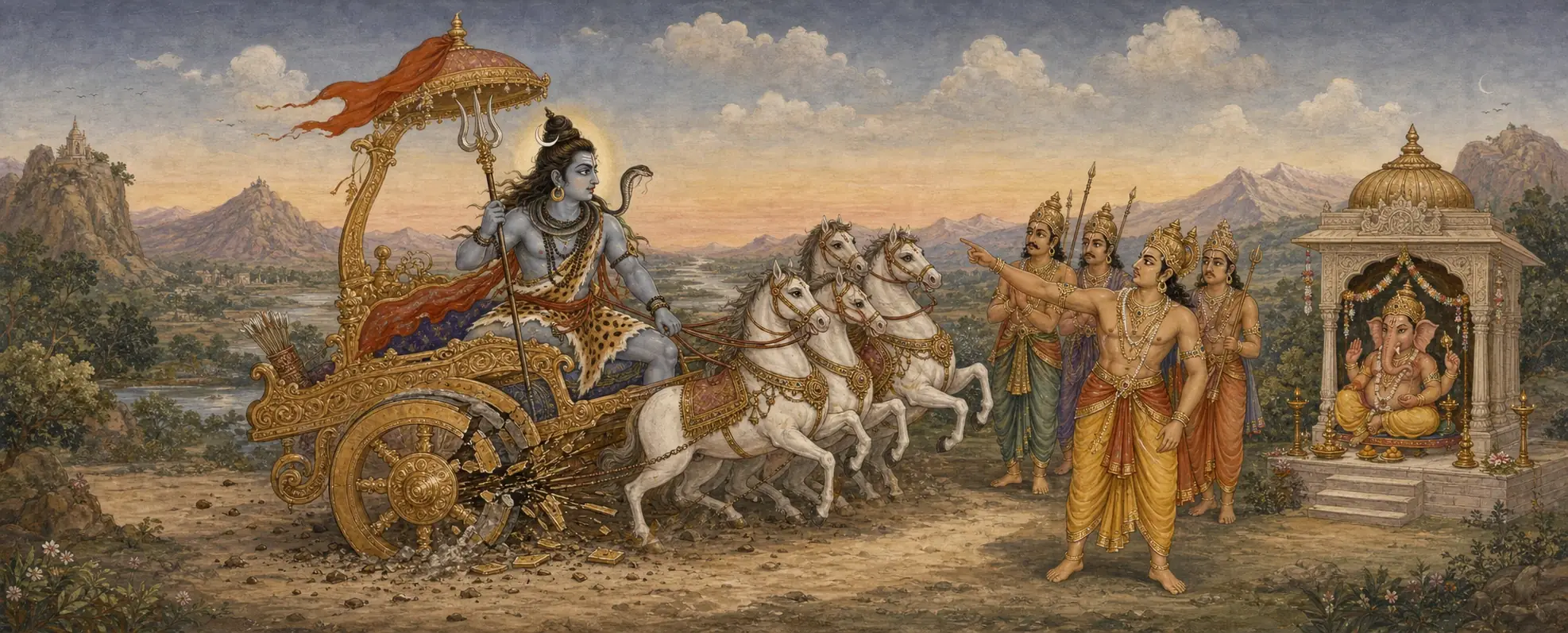 Shiva's golden chariot halted with its axle shattered before a roadside shrine enshrining Ganesh, as his companions point toward the murti.