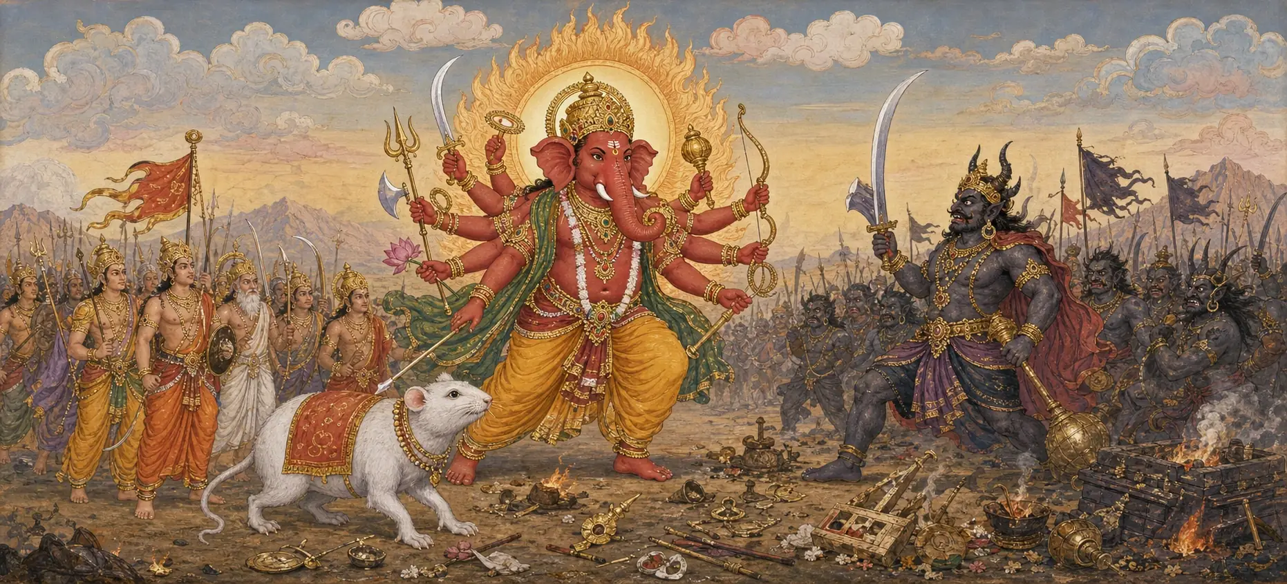 The many-armed, sun-haloed Mahotkata Vinayaka leading his army and mouse mount into battle against the horned demon Devantaka and his forces.