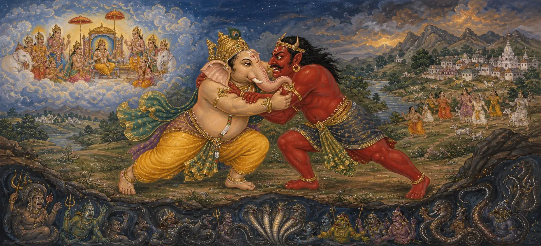 Gajanana locked in close combat with the red demon Sindura, gripping each other's faces, as deities watch from the clouds above and serpent-demons look on from the underworld below.