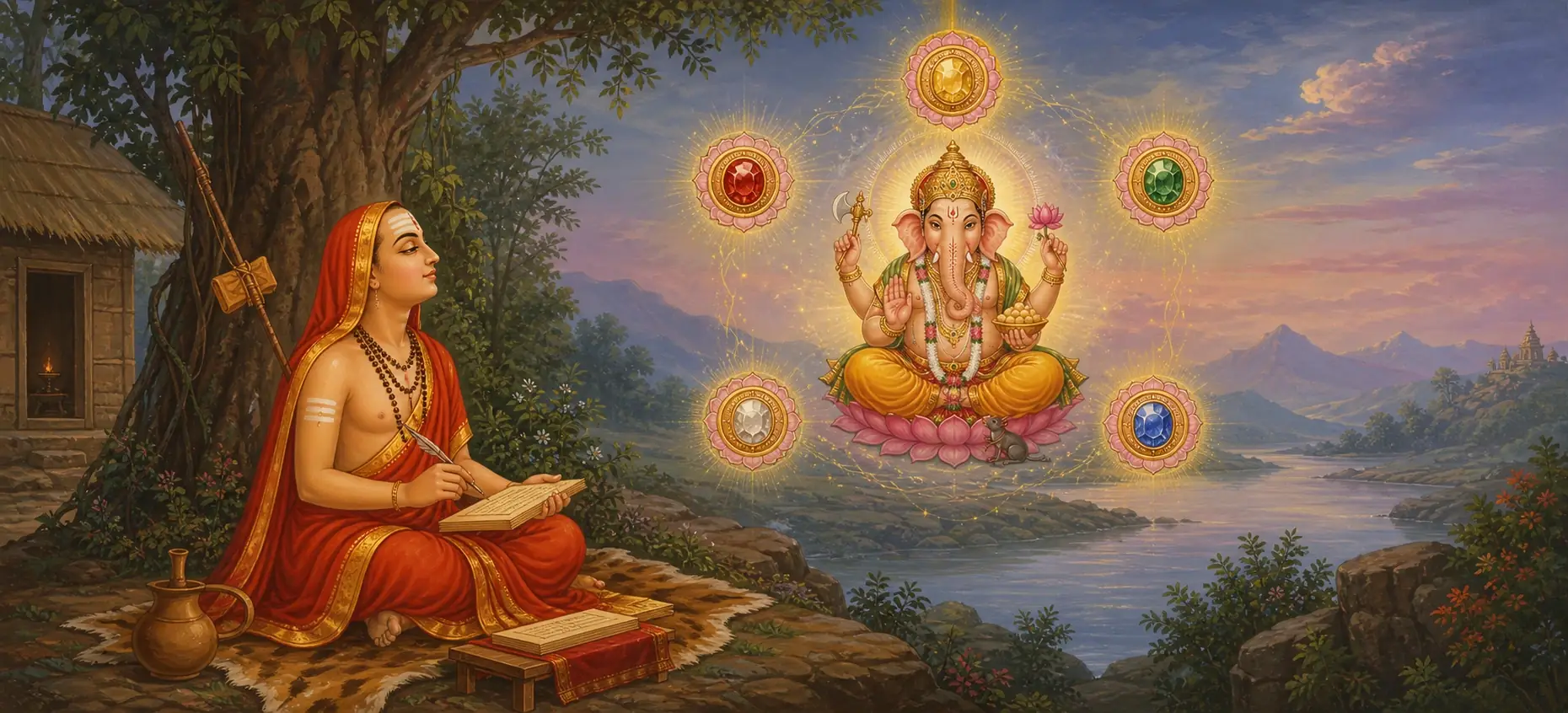 Adi Shankaracharya composing verses beside a river as a radiant Ganesh appears on a lotus, encircled by five glowing jeweled discs.