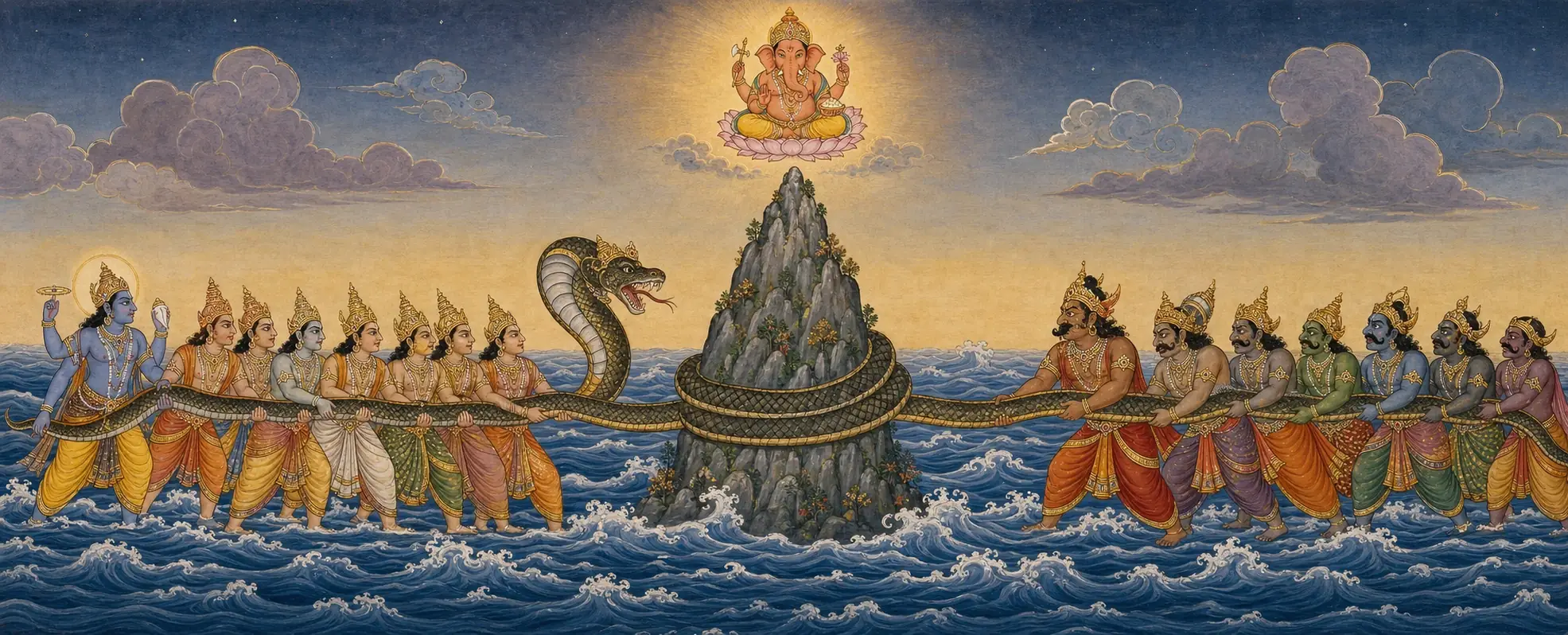 Ganesh seated serenely atop Mount Mandara, radiating golden light, as devas and asuras on either side pull the serpent Vasuki to churn the cosmic ocean below.
