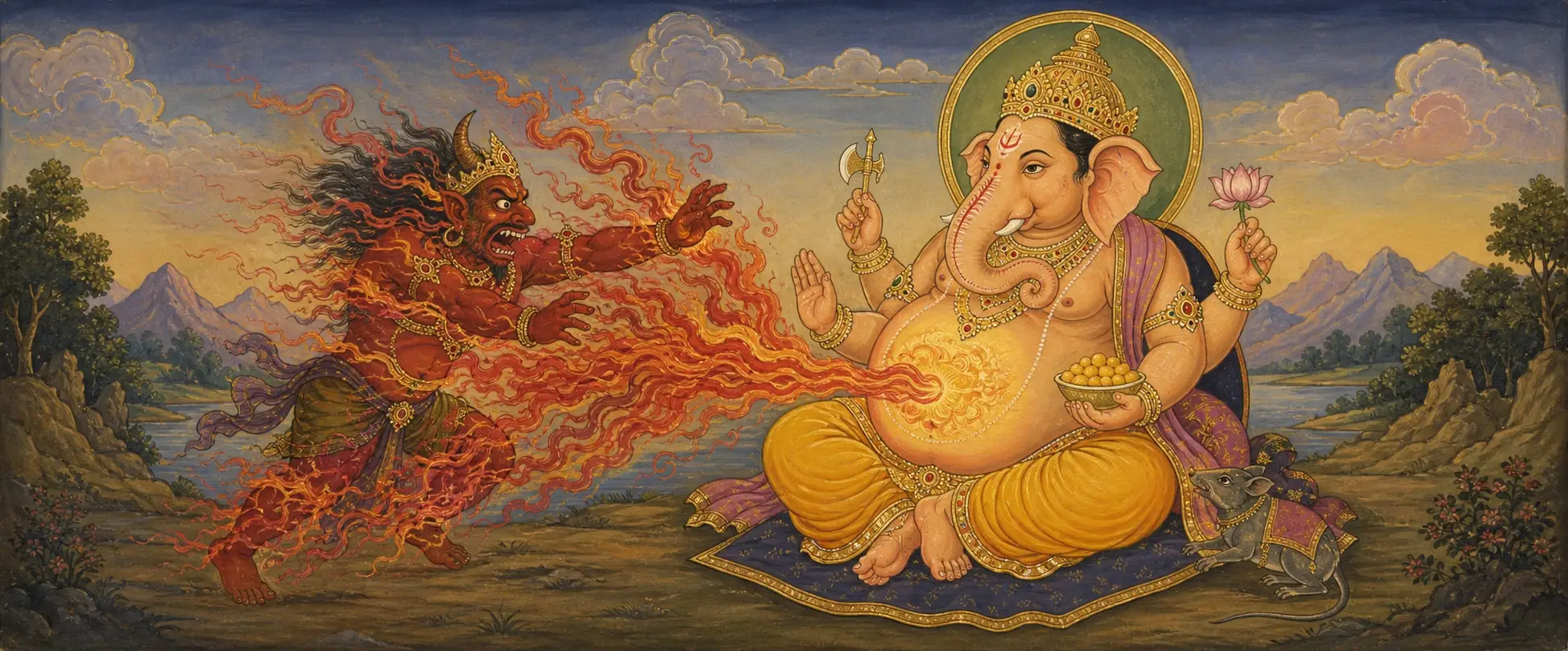 Ganesh calmly drawing a stream of fire from the demon Krodhasura into his belly, the demon reaching out as his flames are pulled away.