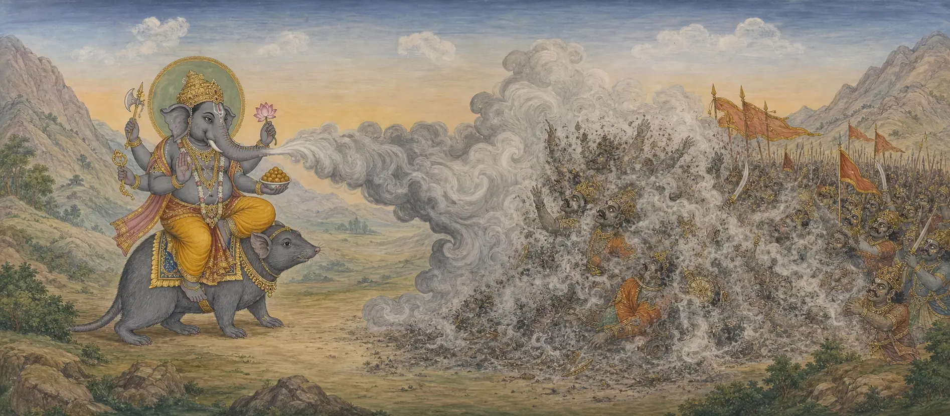 Dhumravarna riding his mouse mount, exhaling a thick cloud of smoke from his trunk that engulfs and dissolves an approaching army of demon warriors.