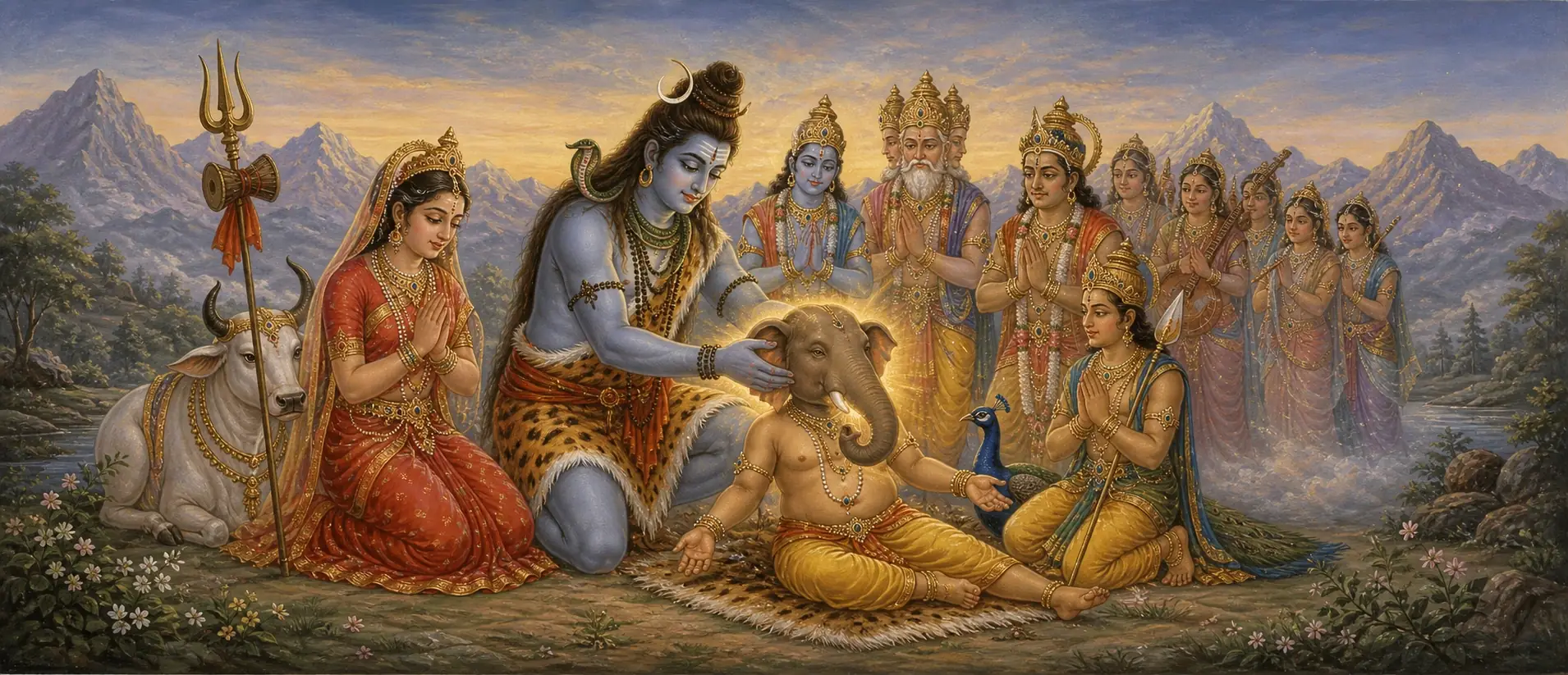 Shiva kneeling to place his hands on the elephant head now joined to young Ganesh, restoring him to life as Parvati and an assembly of gods look on in prayer.