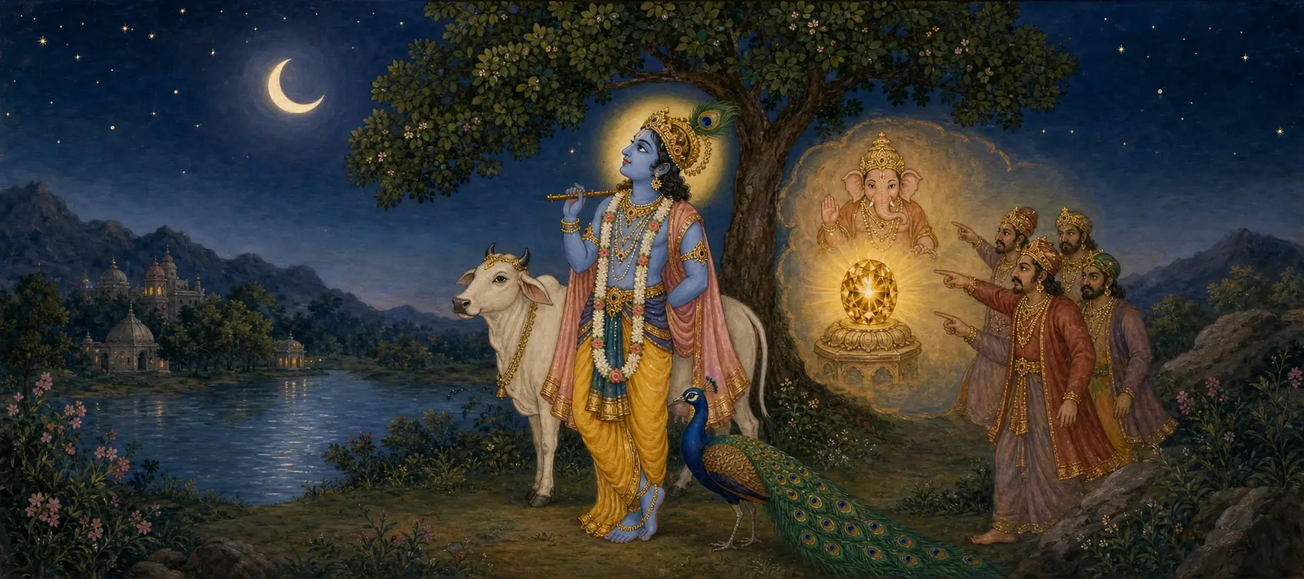Krishna standing beneath a tree gazing at the crescent moon, as a radiant vision of Ganesh appears above the glowing Syamantaka gem where men point and debate its origin.