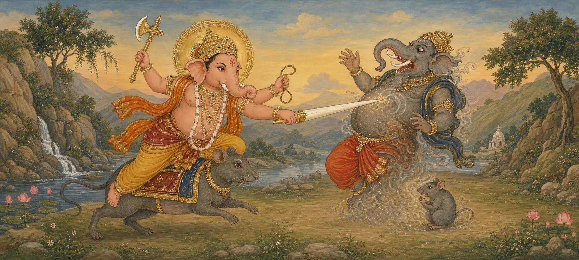 Ganesh, riding his mouse, hurling his broken tusk at the fleeing elephant-headed demon Gajamukhasura, who dissolves into smoke as a small mouse cowers nearby.