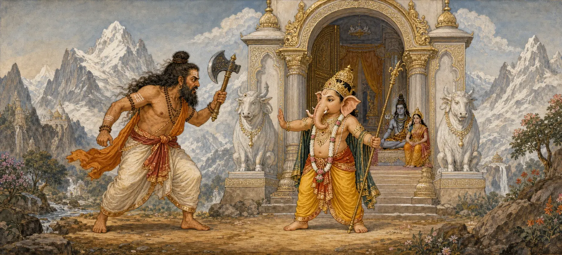 Parashurama with axe raised, confronted by young Ganesh who blocks the shrine entrance with a raised hand, Shiva and Parvati seated visible within, flanked by stone Nandi statues.
