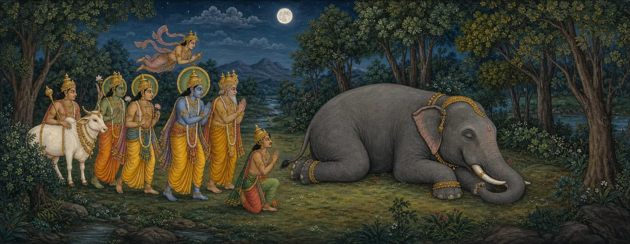 A sleeping elephant in a moonlit forest clearing, approached reverently by a procession of gods with folded hands beneath a full moon.