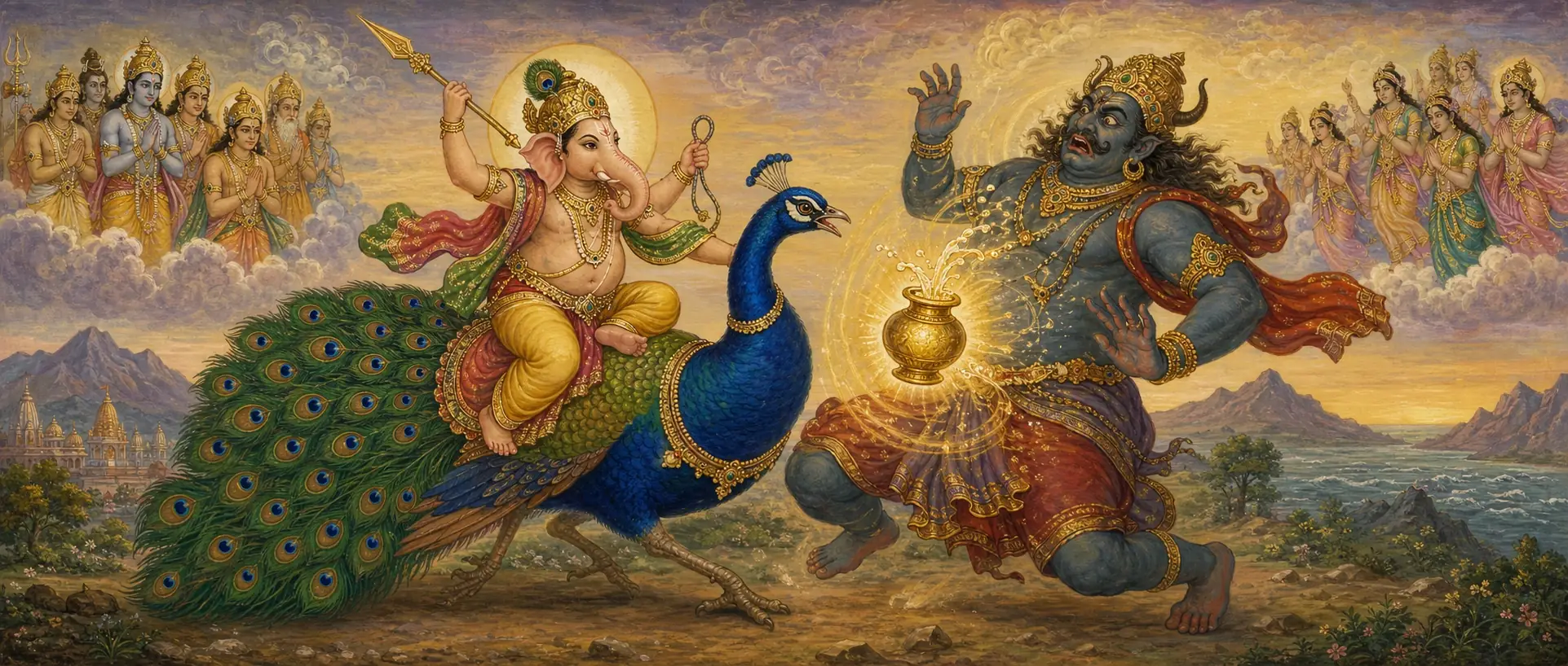Mayuresvara riding his peacock and confronting the demon Sindhu, whose glowing pot of invulnerability spills open before him, as gods watch from the clouds on either side.