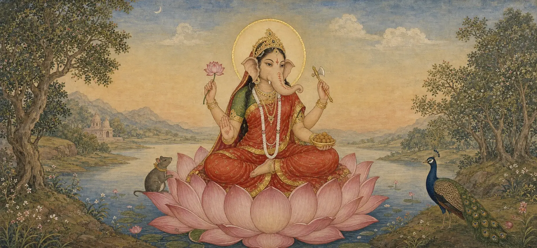 Vinayaki, the elephant-headed goddess, seated on a lotus by a river in a red sari, holding a lotus and axe, with her mouse and a peacock nearby.