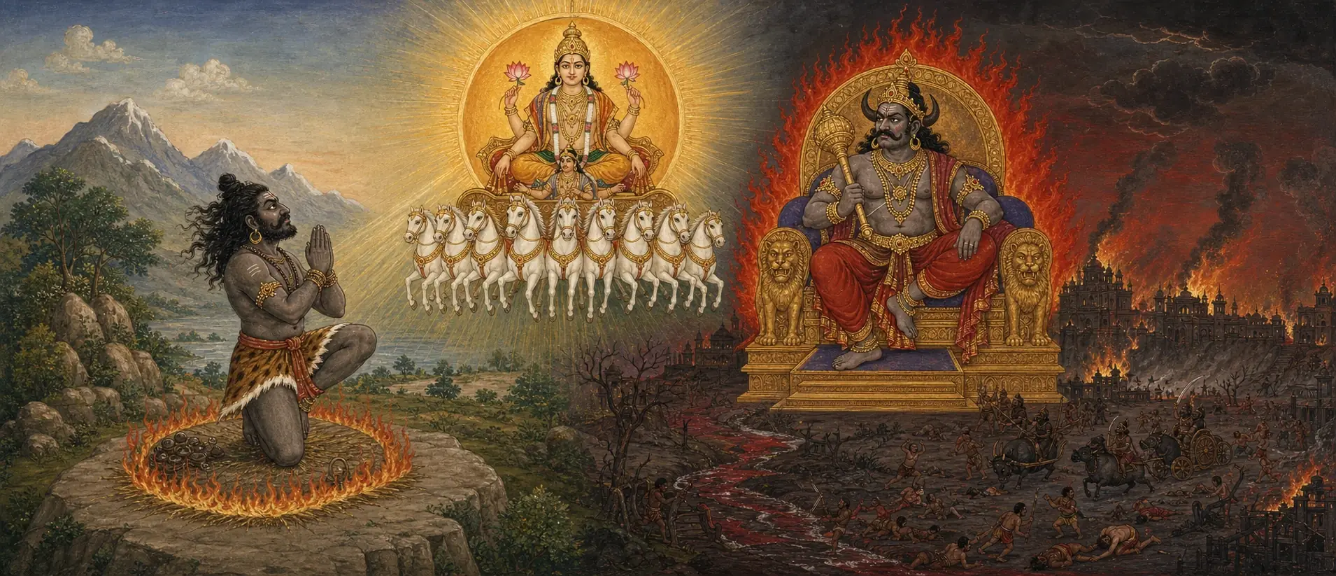 A devotee praying in a ring of fire before the sun-god Surya's chariot, beside a vision of the demon Krodhasura enthroned amid flames above a burning, battle-torn city.