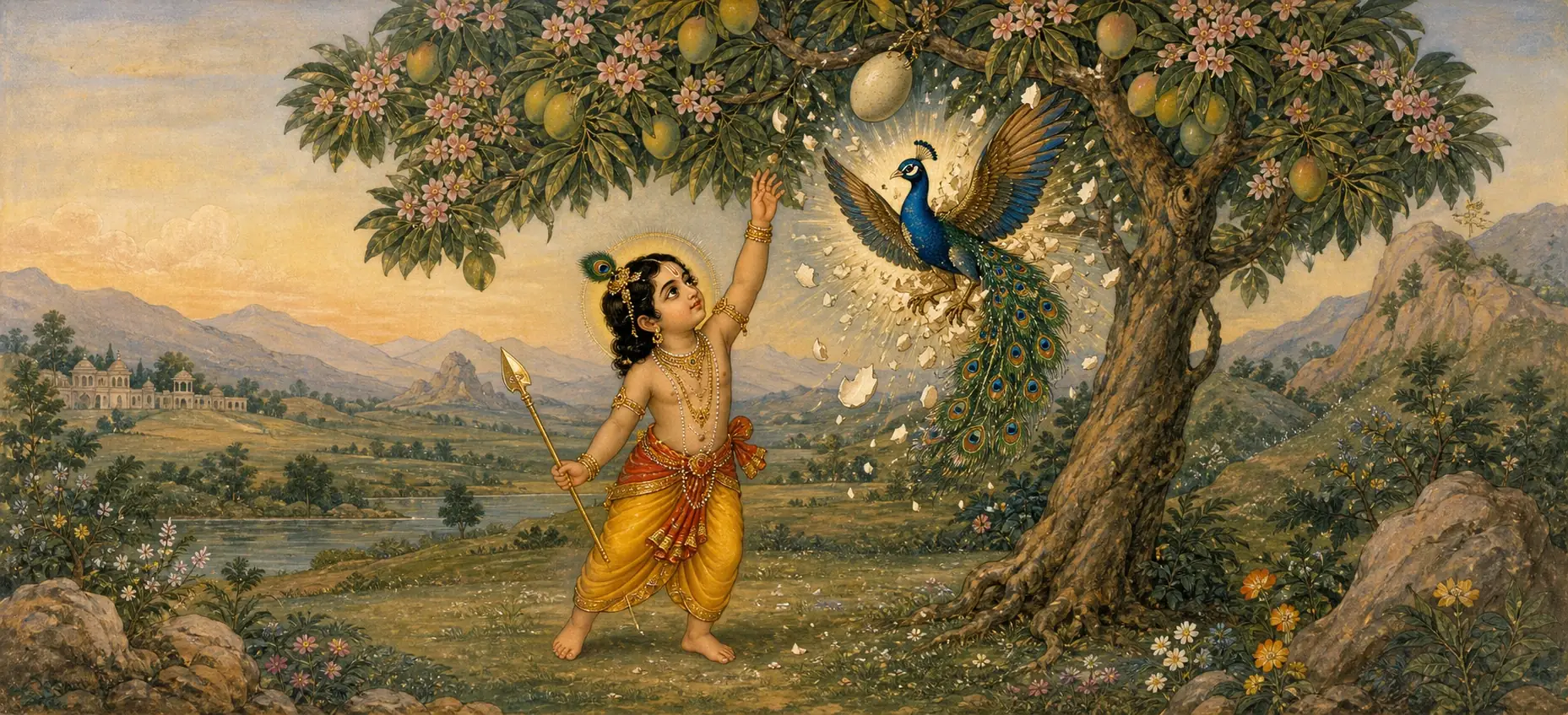 A young Ganesh reaching up into a flowering mango tree as a peacock bursts forth from a cracked egg among the fruit and blossoms.