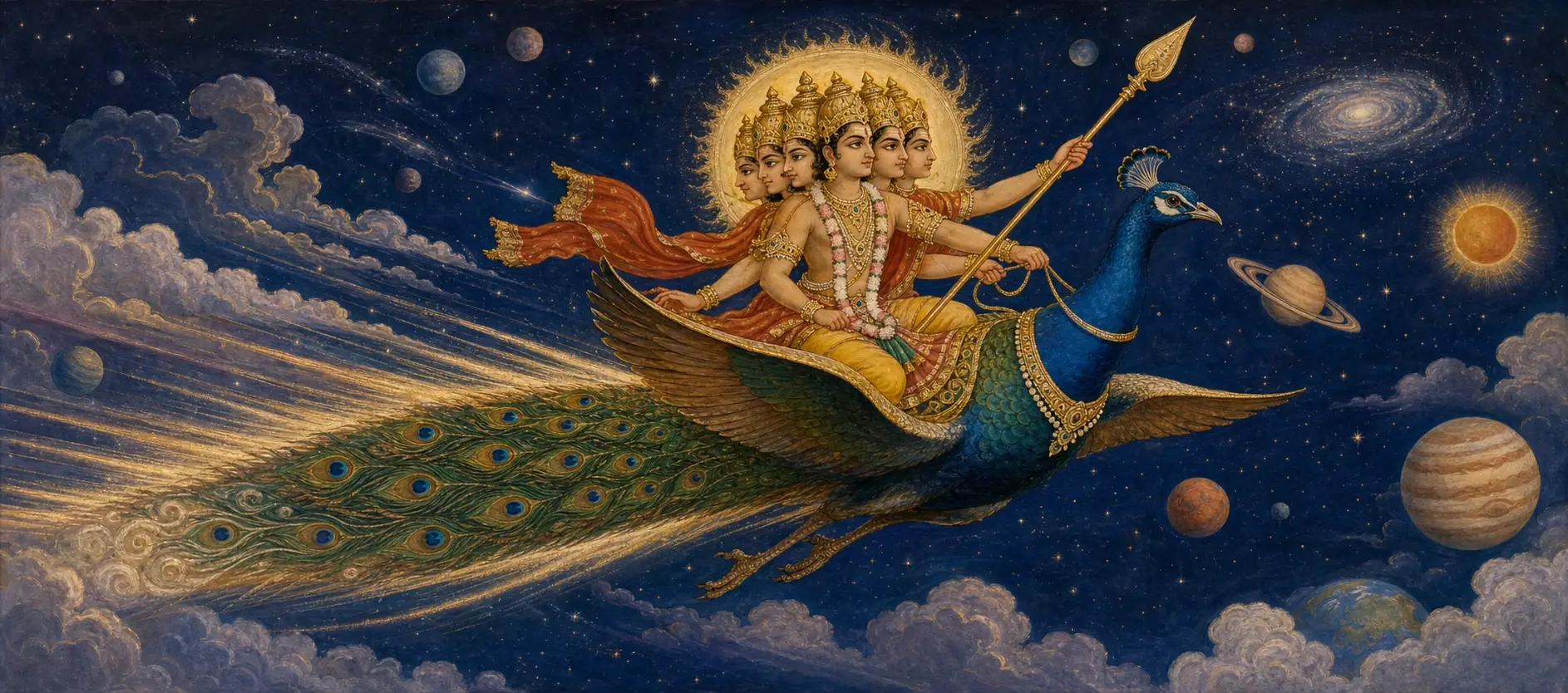 Six-headed Kartikeya riding his peacock through space past planets and a spiral galaxy, spear in hand, racing to circle the universe.