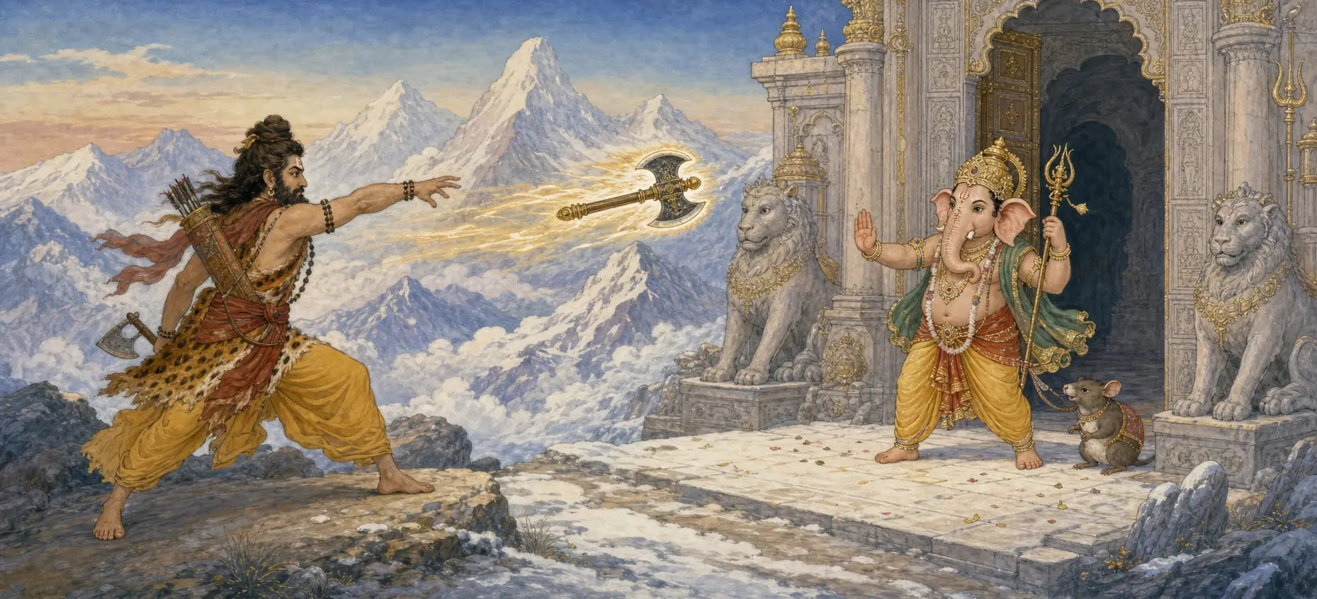 Parashurama hurling his glowing axe toward Ganesh, who stands firm at the temple gateway between stone lion statues, his mouse companion beside him.