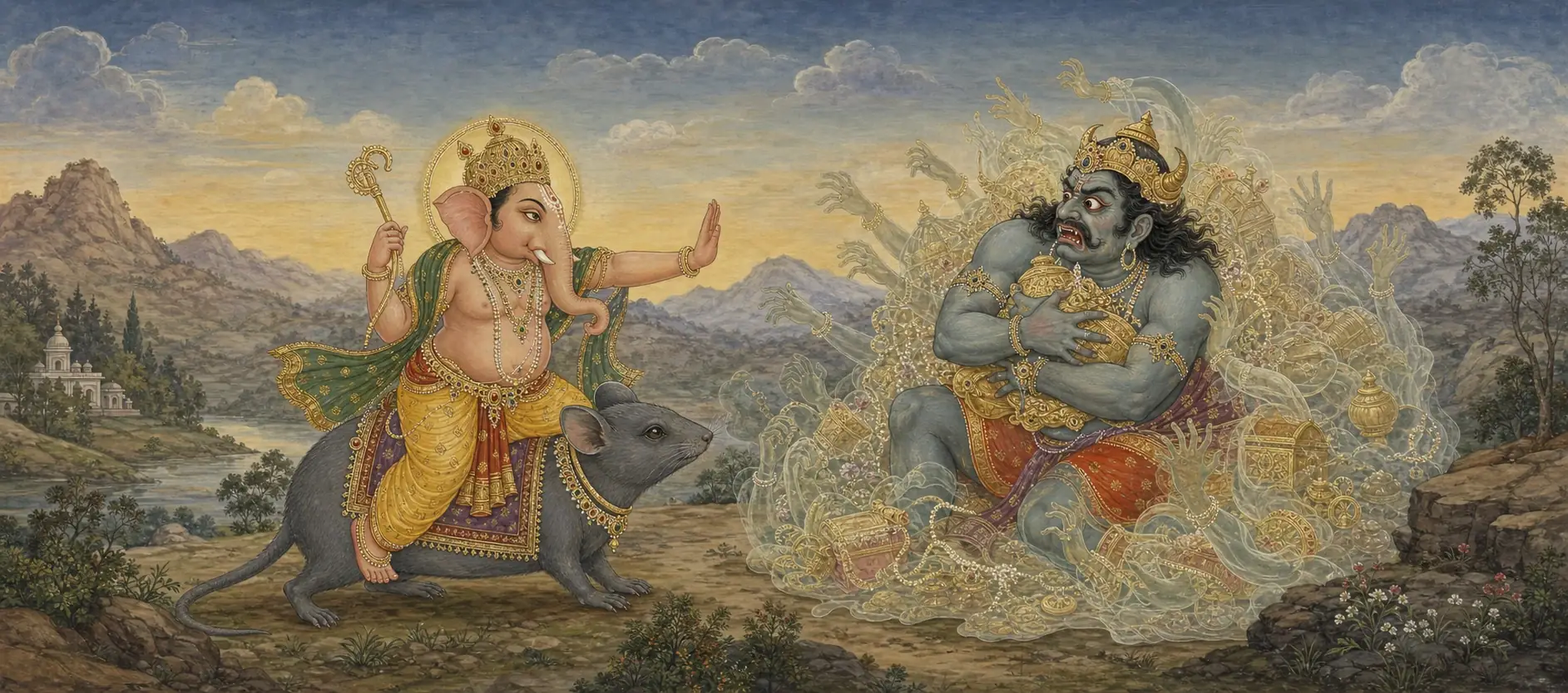 Ganesh, riding his mouse, raising a hand toward the translucent demon Mamasura, who clutches his hoarded treasure as grasping hands dissolve into mist around him.