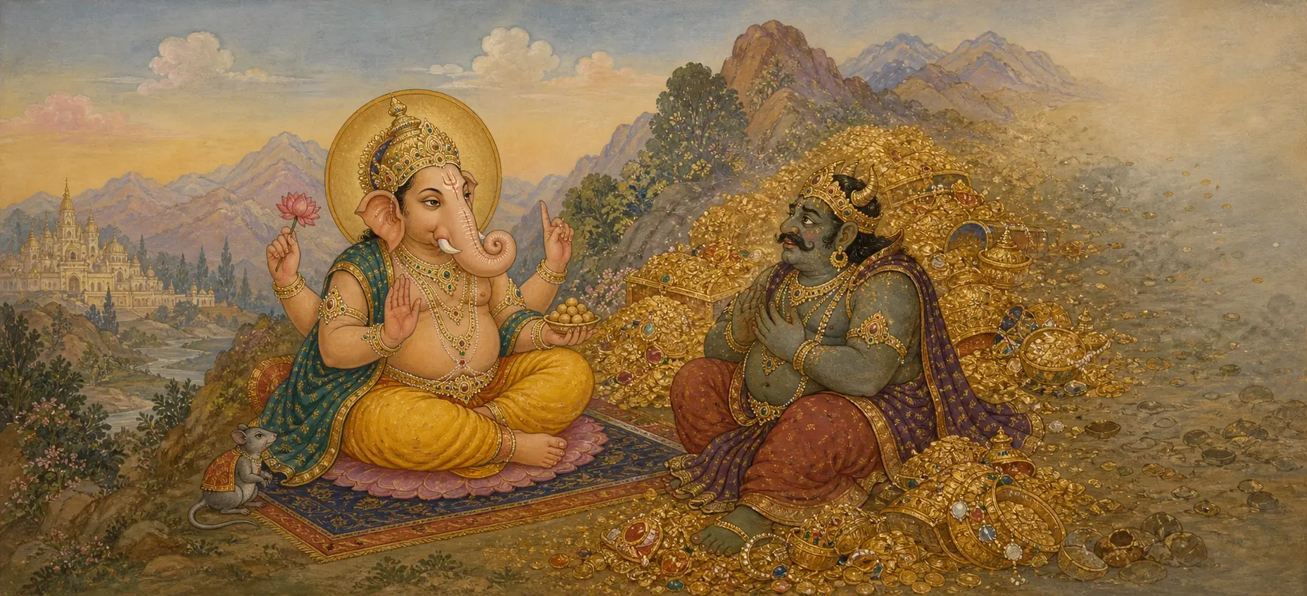 Ganesh teaching the demon Lobhasura, who sits amid his mountain of hoarded gold with hands folded, listening as Ganesh gestures with a raised lotus.