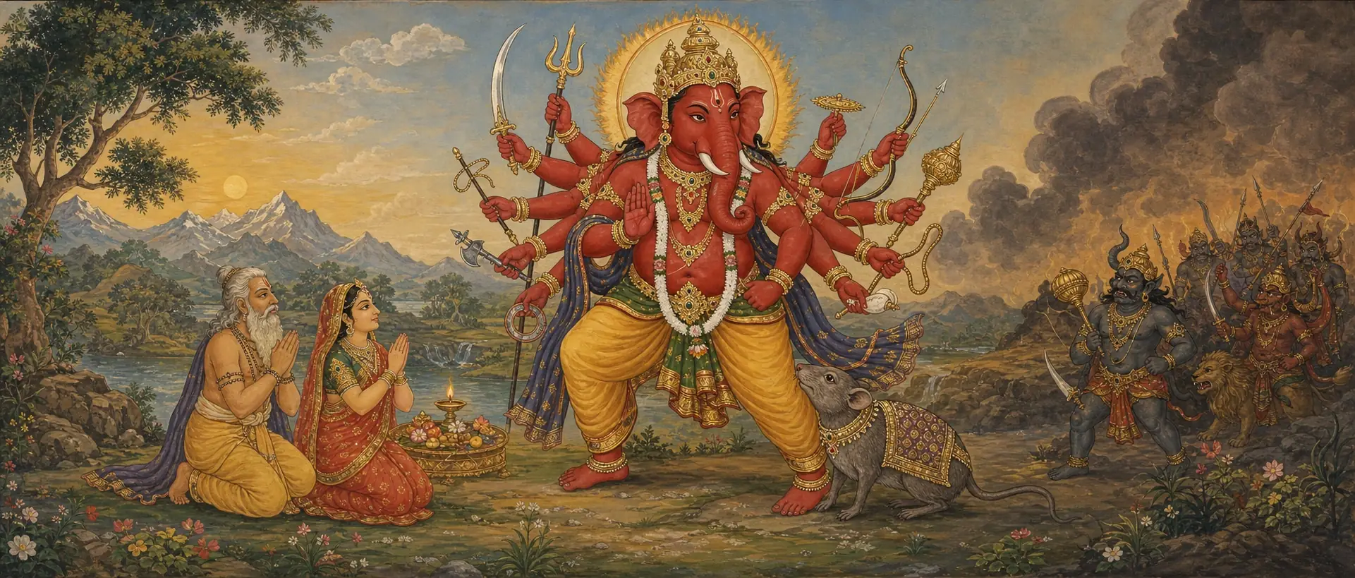 The ten-armed, sun-haloed Mahotkata Vinayaka standing with weapons raised in each hand, his mouse at his side, as a sage and woman pray before him and a demon army approaches at right.