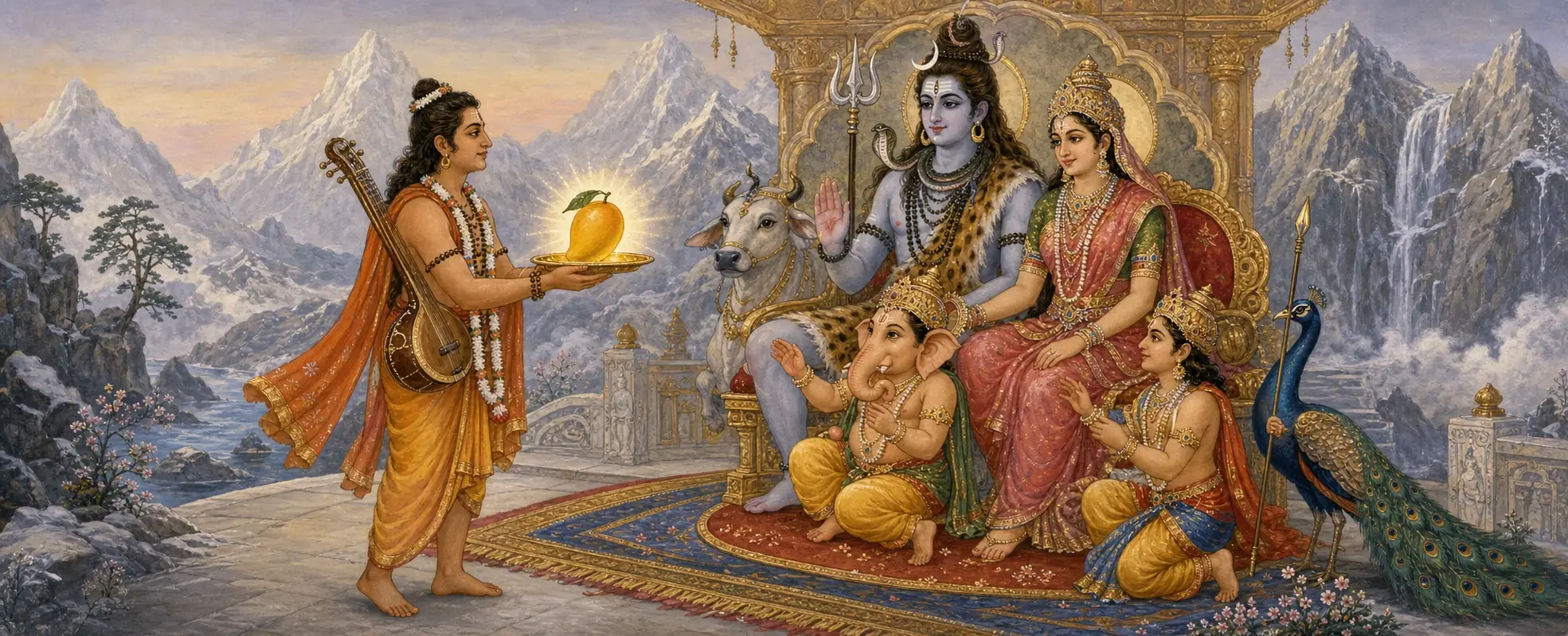 Narada offering a glowing golden mango to Shiva and Parvati enthroned, as young Ganesh and Kartikeya sit at their feet with Nandi and a peacock nearby.