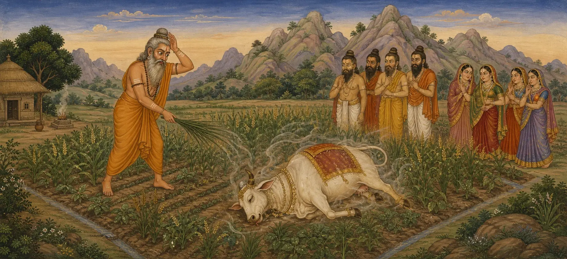 A sage striking a fallen white cow lying in his field with a bundle of grass, as other sages and women look on from a distance.