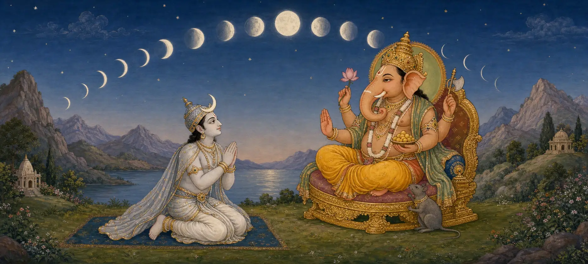 Chandra kneeling in prayer before enthroned Ganesh, an arc of waxing and waning moon phases stretched across the night sky above them.