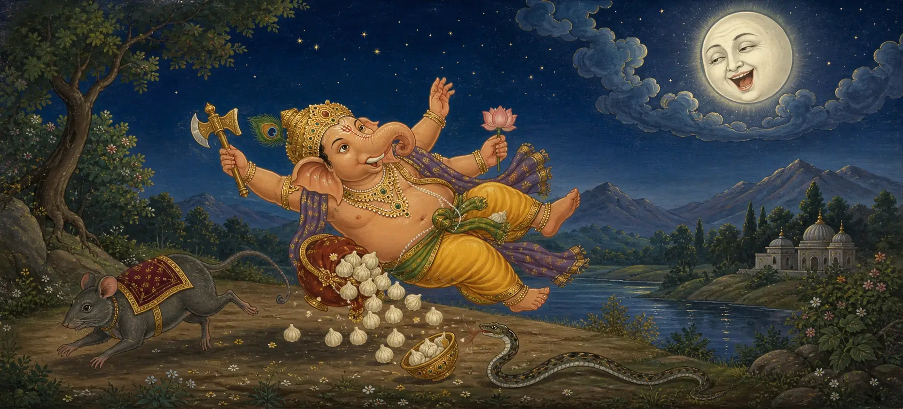 Young Ganesh tumbling through the night sky as laddus spill from his belly, while the moon watches with a mocking, laughing face from the clouds.