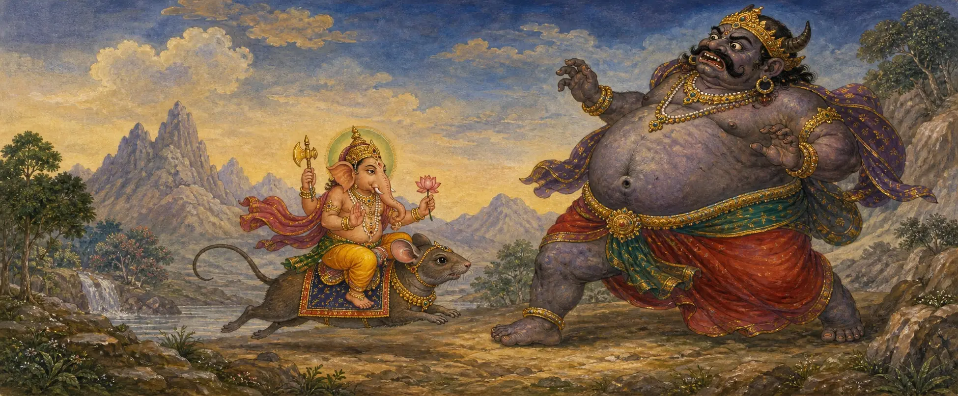 Ekadanta riding his mouse mount and confronting the towering demon Madasura, who recoils in alarm before him.