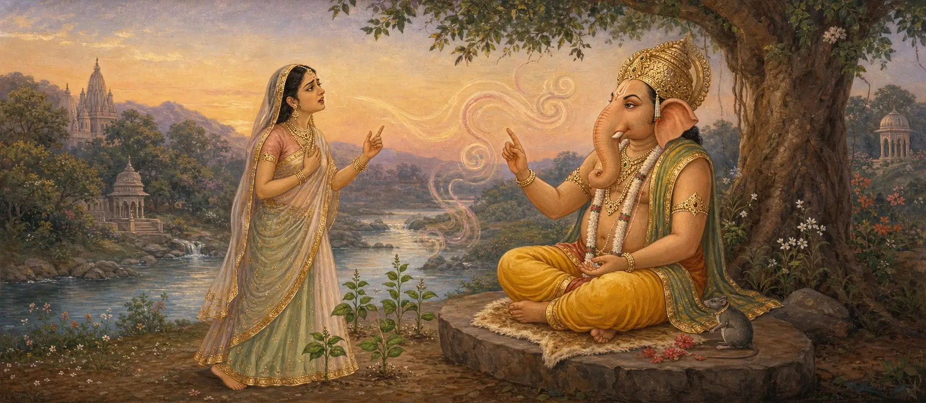 Ganesh seated in meditation exchanging a heated gesture with Tulsi, who stands before him with small tulsi plants growing at her feet.