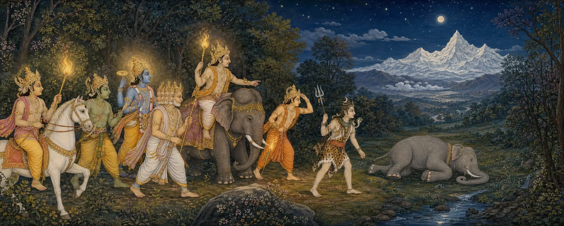 A torchlit procession of gods led by Shiva walking through a night forest toward a sleeping elephant by a stream, with snow peaks and a full moon behind them.