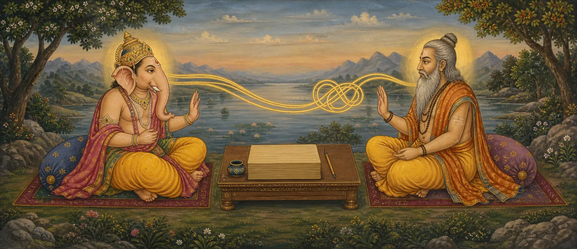 Ganesh and Vyasa facing each other with hands raised in a formal exchange, golden threads of light knotting between them, blank palm-leaf pages waiting untouched on the table.