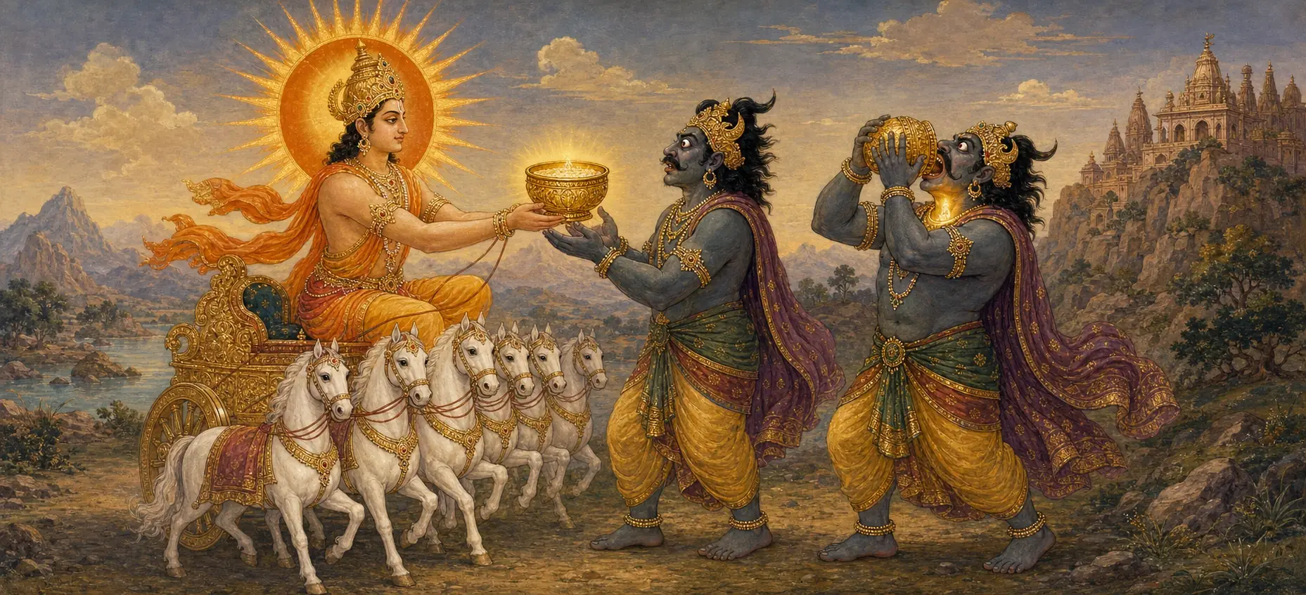 Surya handing a glowing bowl of nectar to a demon as a second demon eagerly drinks from a golden pot beside him.