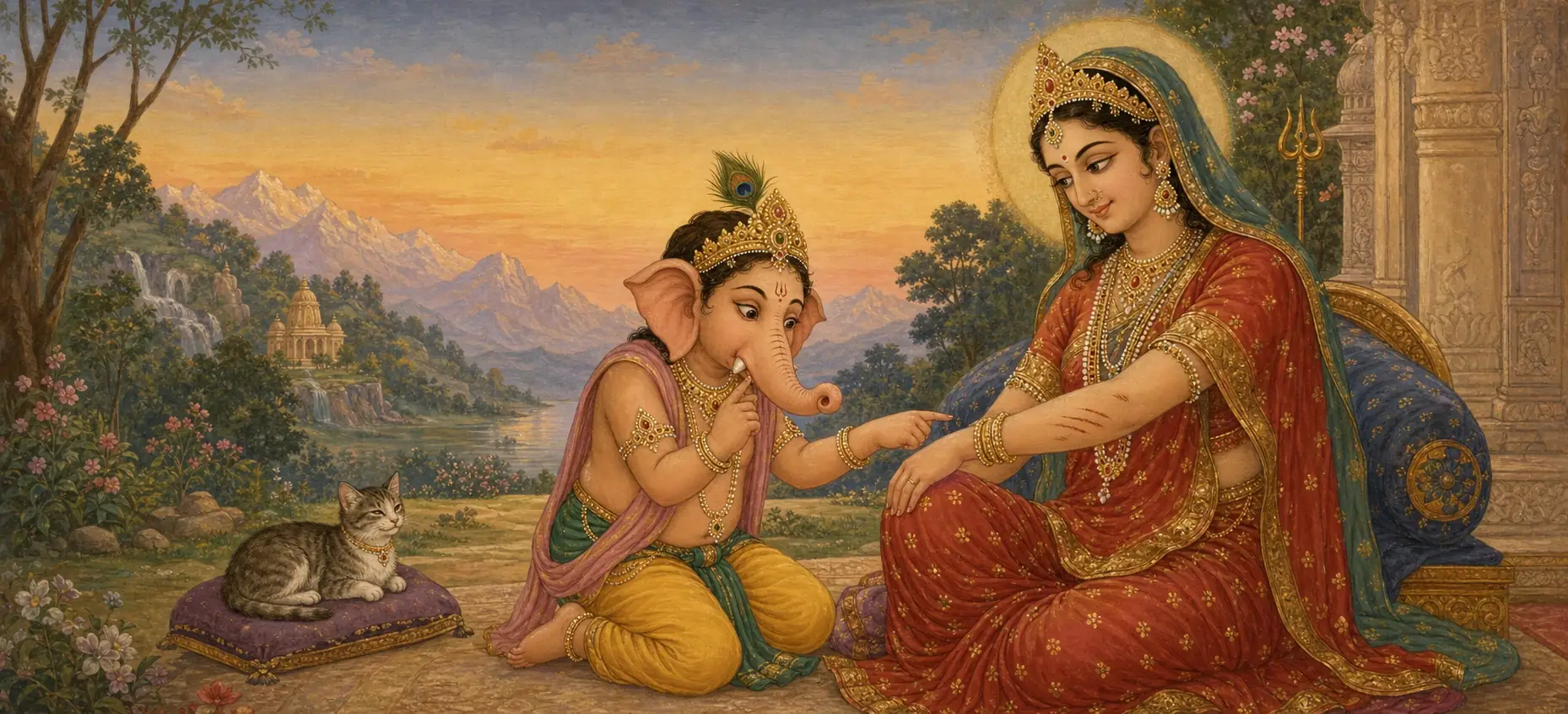 Young Ganesh pointing to scratches on his arm as he looks toward Parvati examining her own, with a cat resting on a cushion beside them.
