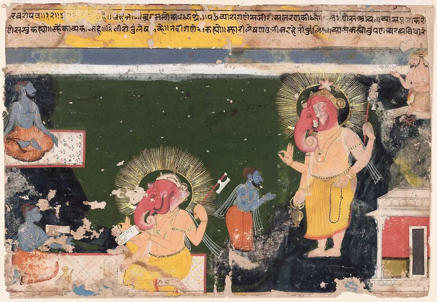 A 17th-century Mewar manuscript painting of Ganesha seated and writing as sage Vyasa dictates the Mahabharata to him.