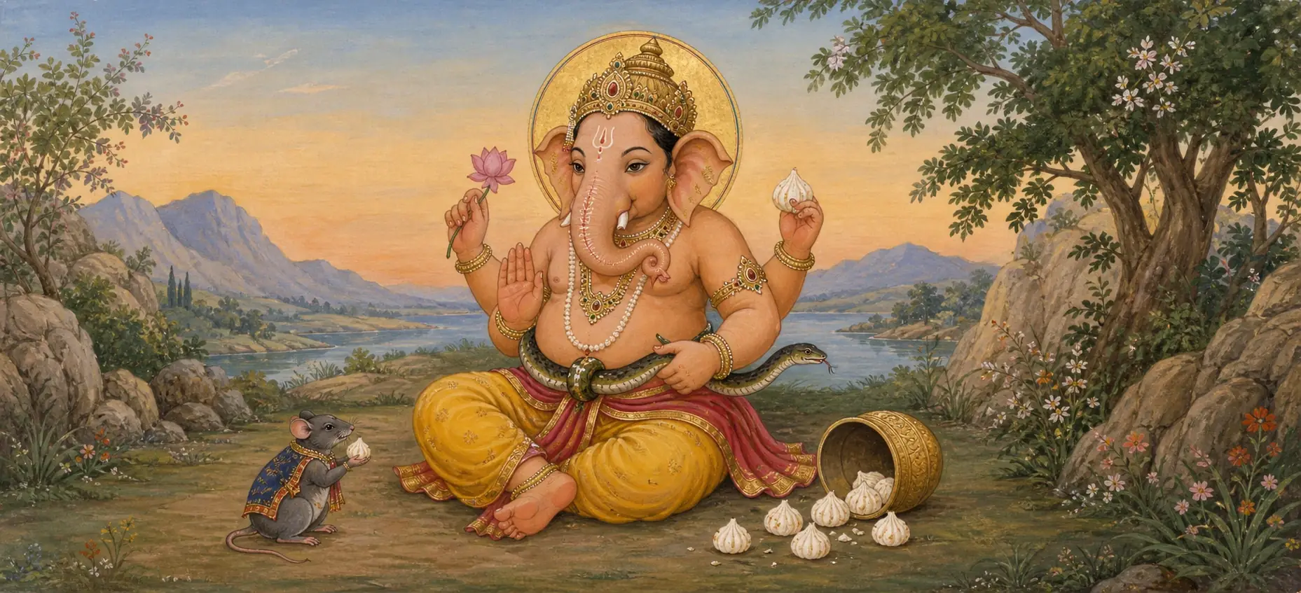Ganesh seated by a river with a live serpent wrapped as a belt around his belly, modaks spilled from a tipped pot before him and his mouse companion nearby.