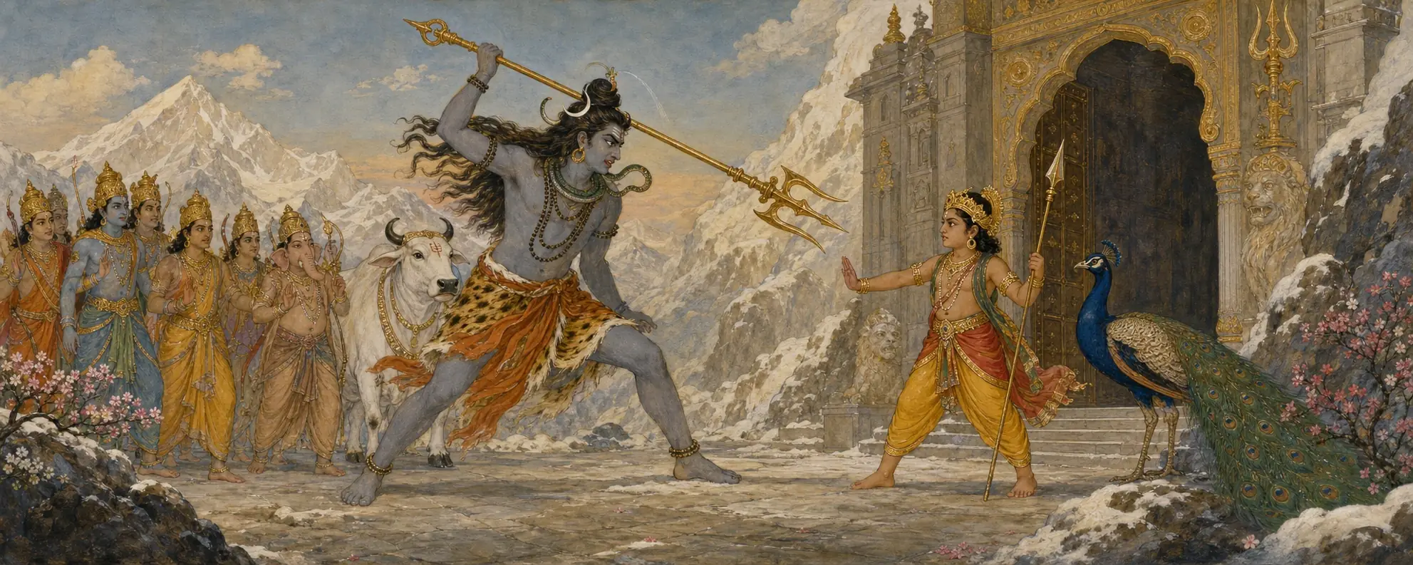 Shiva raising his trident to strike as young Ganesh blocks the golden gateway with a raised hand, gods watching anxiously from the mountainside.