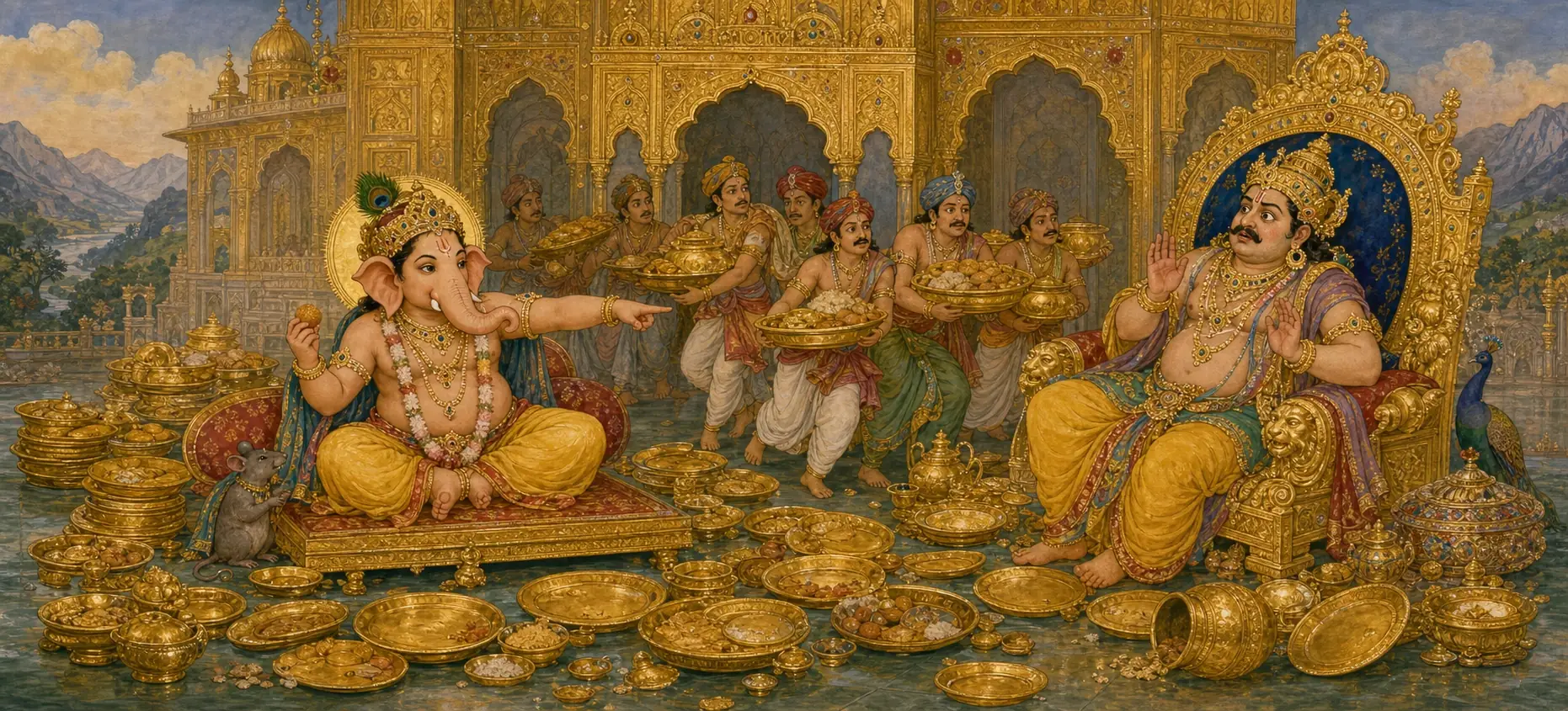 Young Ganesh pointing insistently for more food as servants bring platter after platter, while Kubera raises his hands in astonishment from his throne.