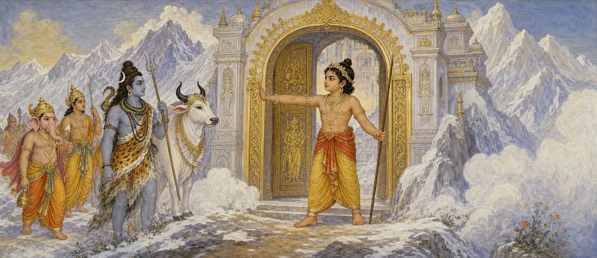 A young boy blocking the golden gateway to Kailash with a raised hand, facing Shiva and his companions who approach with Nandi.